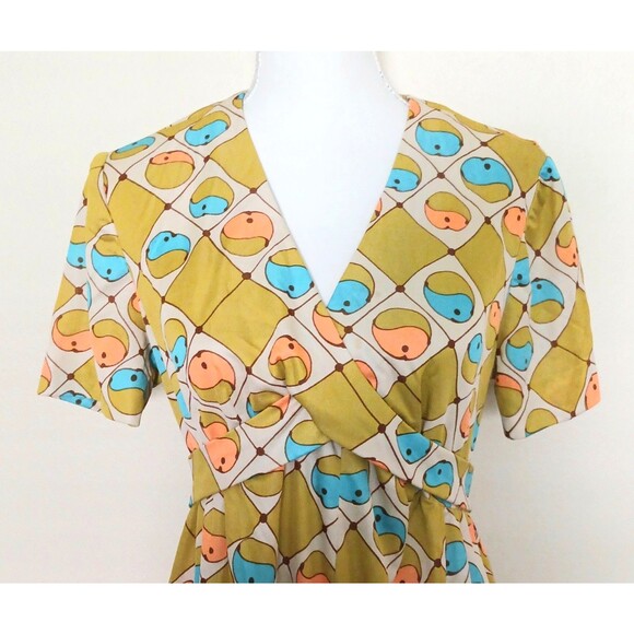 VTG 60s Mod Chartreuse Aqua Print Knee Length Dress Tie Back Sz S/M - Picture 2 of 5